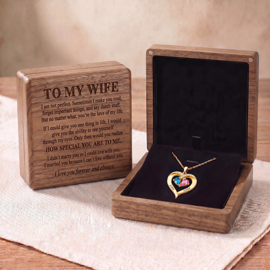 Birthstone Heart Necklace & Engraved Walnut Box